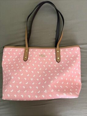 Coach Pink Butterfly Print Tote with Tan Trim